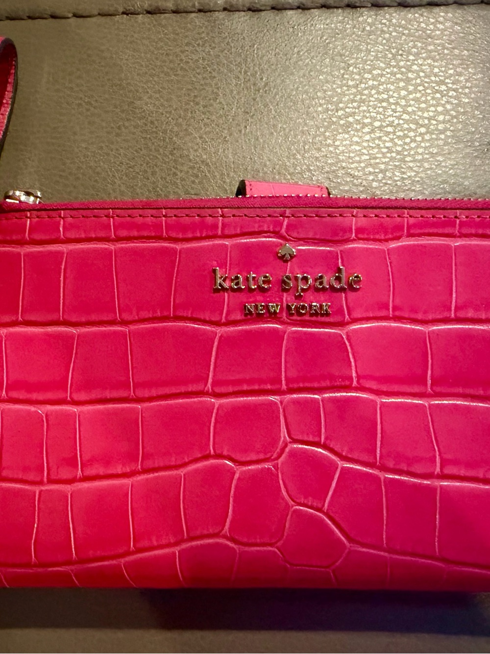 kate spade Bright Pink Croc-Embossed Wallet with Gold Logo